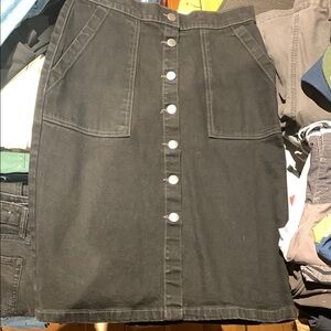 Black Button-Front Denim Skirt